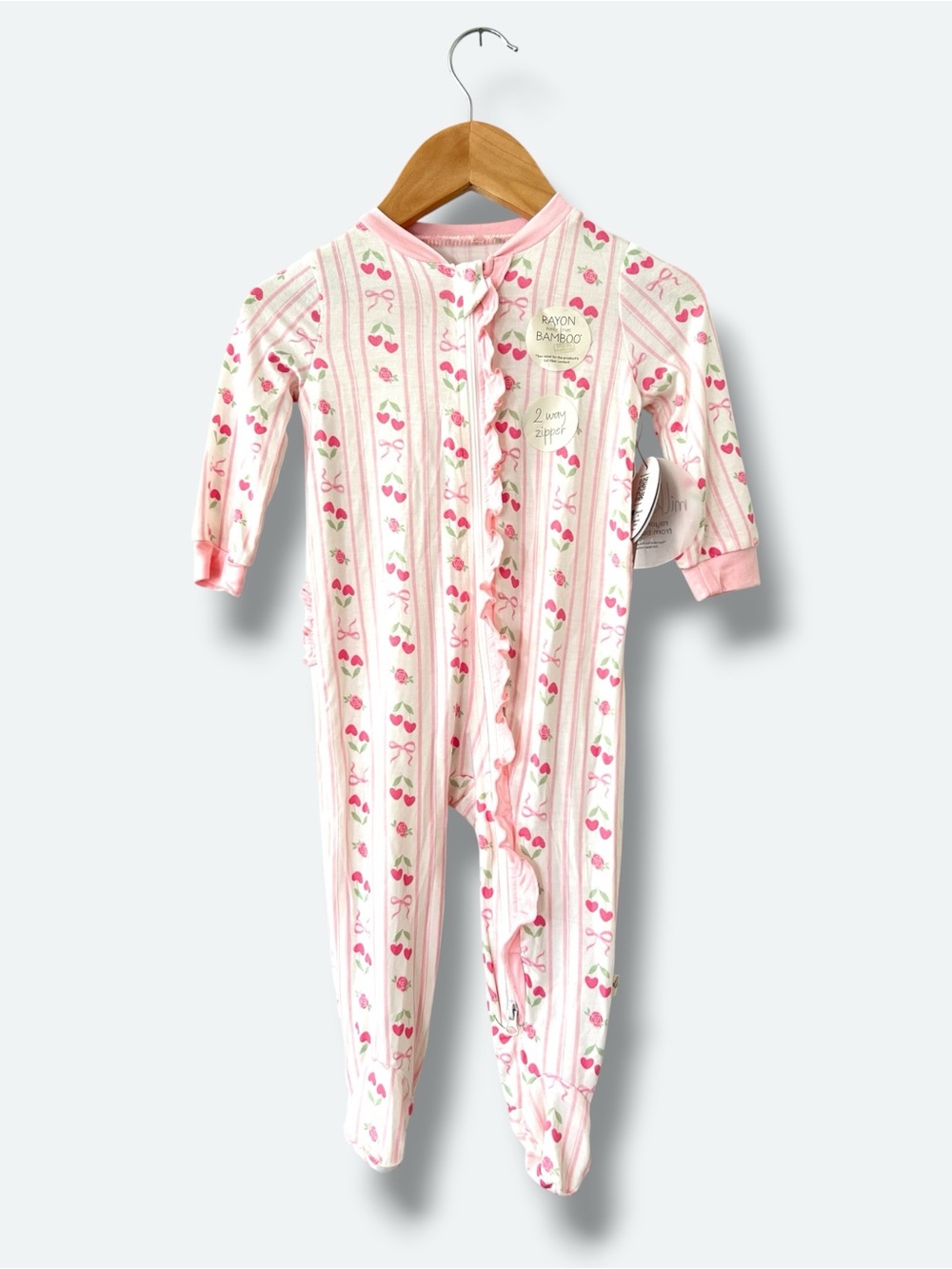 Milkberry Baby Girl 6-9M Pink Cherry Bamboo Ruffle Zip Footie Pajama Sleeper